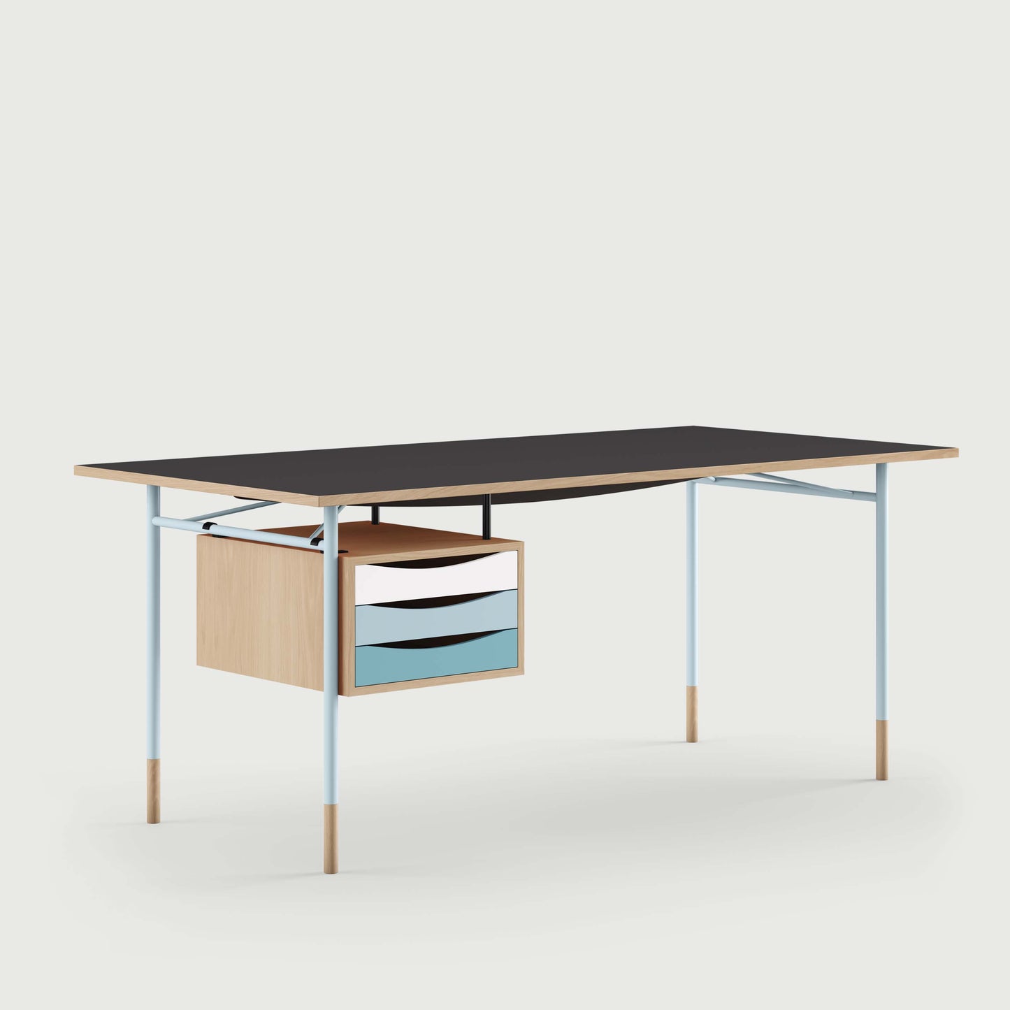 THE NYHAVN DESK W/ TRAY UNIT by House of Finn Juhl #Oak Clear Oil / Black Linoleum/Light Blue / Cold Colours