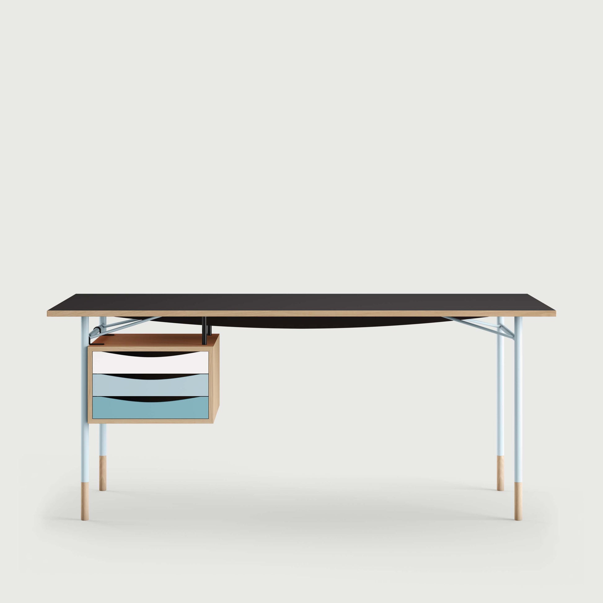 THE NYHAVN DESK W/ TRAY UNIT by House of Finn Juhl #Oak Clear Oil / Black Linoleum/Light Blue / Cold Colours