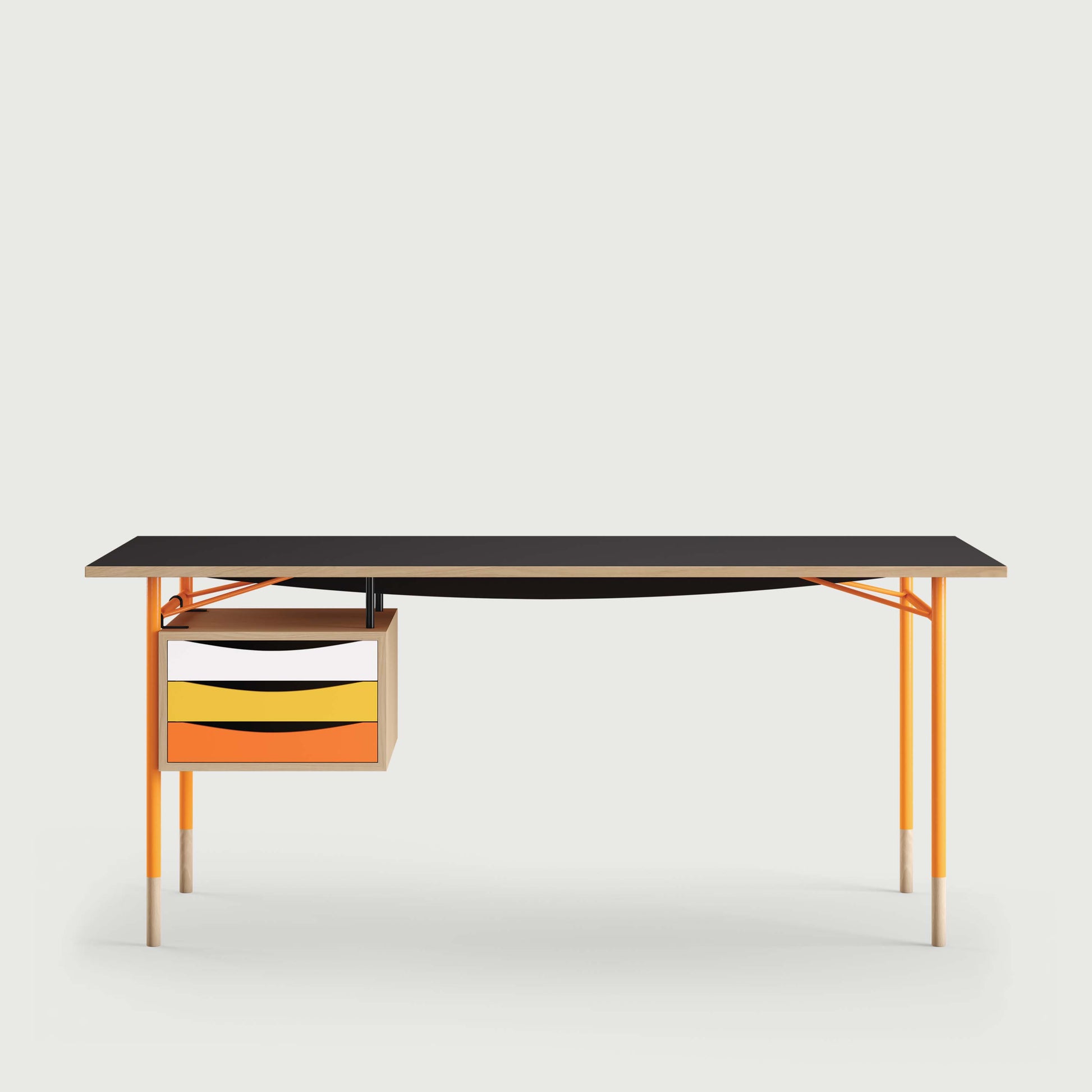 THE NYHAVN DESK W/ TRAY UNIT by House of Finn Juhl #Oak Clear Oil / Black Linoleum/Orange / Warm Colours