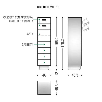 RIALTO Tower 1&2 - Chest of drawers in solid wood and blockboard, with iron or wooden frame