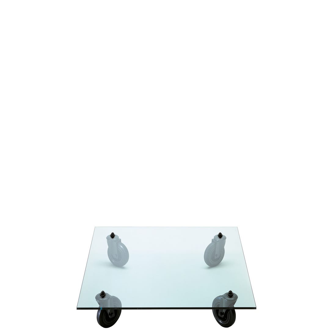 TAVOLO CON RUOTE - float glass coffee table with castors.
