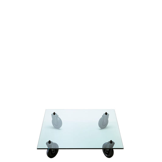 TAVOLO CON RUOTE - float glass coffee table with castors.