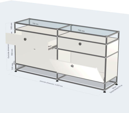 2x4 Module Sideboard (2 Drop-Down Doors, 2 Drawers, Top Glass, Bottom Legs) [W(750+750)XD350XH(100+350+350+100)]